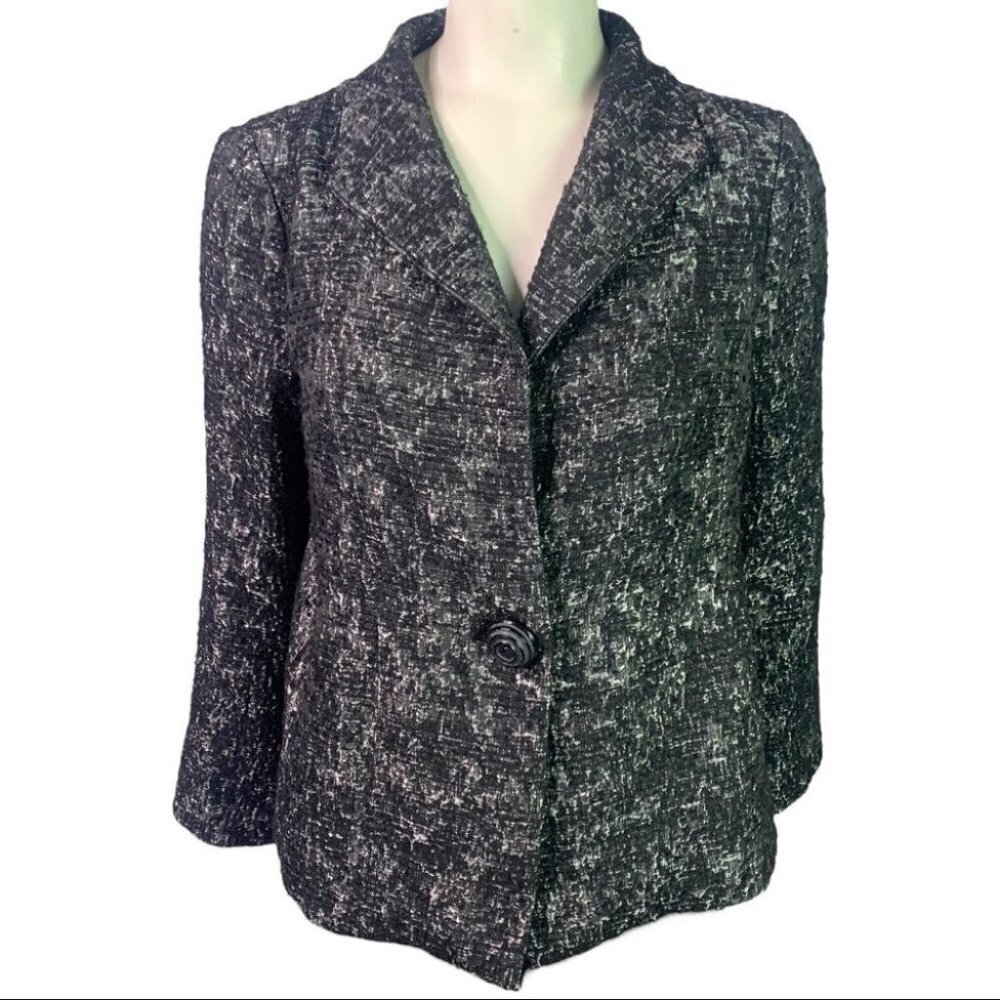 EILEEN FISHER BLACK METALLIC BLAZER SINGLE BREAST WOMEN  WOOL BLAZER SIZE SMALL